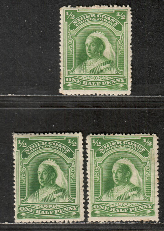 Niger Coast Protectorate SG#51c 1/2d Deep Yellow Green, Green & Yellow Green Queen Victoria, 1894-1895 Unwatermarked Waterlow Widow's Weeds Issue, 3 3 Fine OG Singles On Horizontal & Vertical Wove Paper