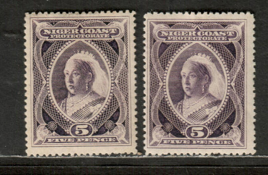 Niger Coast Protectorate SG#29 5d Purple & Deep Violet Queen Victoria, 1894-1895 Unwatermarked Waterlow Widow's Weeds Issue, 2 FOG Singles Perf 14 1/2-15 On Vertical Wove Paper
