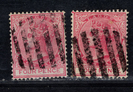 Lagos SG#14 4d Carmien Rose & Rose Queen Victoria, 1876-1879 Queen Victoria Keyplates Issue, 2 Fine/Very Fine Used Singles Crown CC Wmk, Comb Perf 14, November 1880 Printing