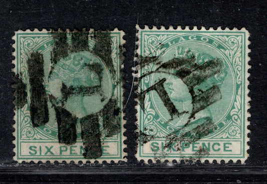 Lagos SG#15 6d Green & Bluish Green Queen Victoria, 1876-1879 Queen Victoria Keyplates Issue, 2 Very Fine Used Singles Crown CC Wmk, Perf 14, Lagos Barrel Killer Cancels