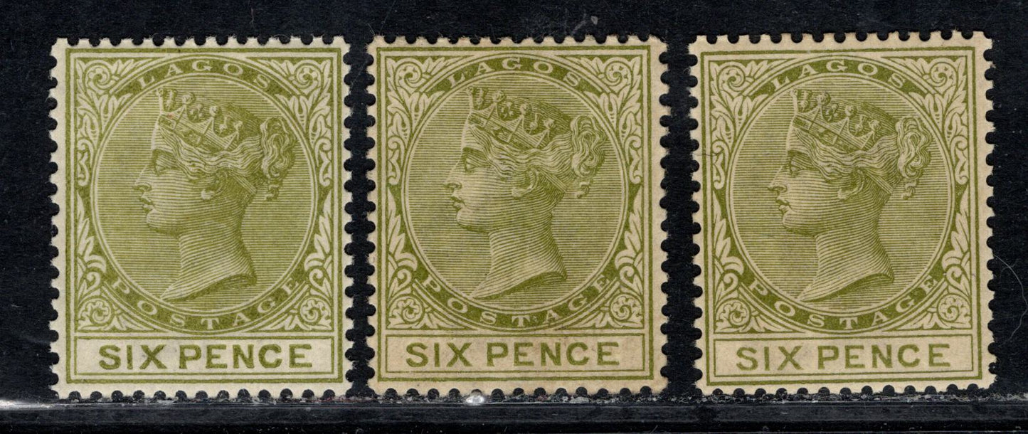 Lagos #25 6d Deep Yellowish Olive Green, Deep Olive Green & Olive Green Queen Victoria, 1884-1886 Queen Victoria New Color Keyplates Issue, 3 FOG Singles Crown CA Wmk, De La Rue Printing,
