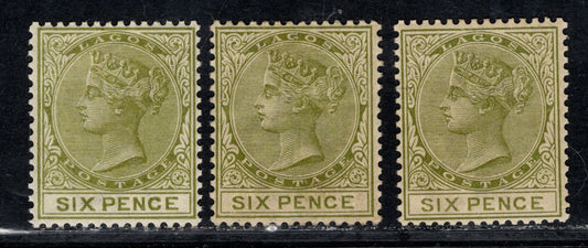 Lagos #25 6d Deep Yellowish Olive Green, Deep Olive Green & Olive Green Queen Victoria, 1884-1886 Queen Victoria New Color Keyplates Issue, 3 FOG Singles Crown CA Wmk, De La Rue Printing,