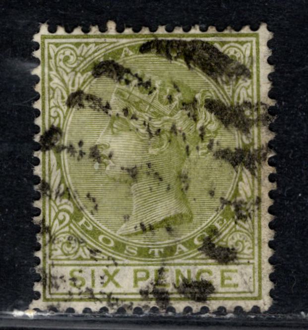 Lagos #25 6d Sage Green Queen Victoria, 1884-1886 Queen Victoria New Color Keyplates Issue, A Fine Used Single Crown CA Wmk, De La Rue Printing,