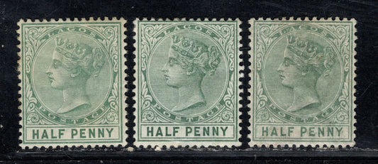 Lagos #21 1/2d Green Queen Victoria, 1884-1886 Queen Victoria New Color Keyplates Issue, 3 F/VFOG Singles Crown CA Wmk, De La Rue Printing, Plate 1 Printings, Different Shades