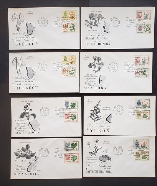 Canada #418-423, 428-429 5c Multicoloured White Trillium - Mountain Avens, 1964-1966 Emblems Issue, 8 VF First Day Covers With Rosecraft Cachets, Stamps Franked With Pairs, Stamps On DF Paper, Unaddressed, Both Cachets For Each Combination