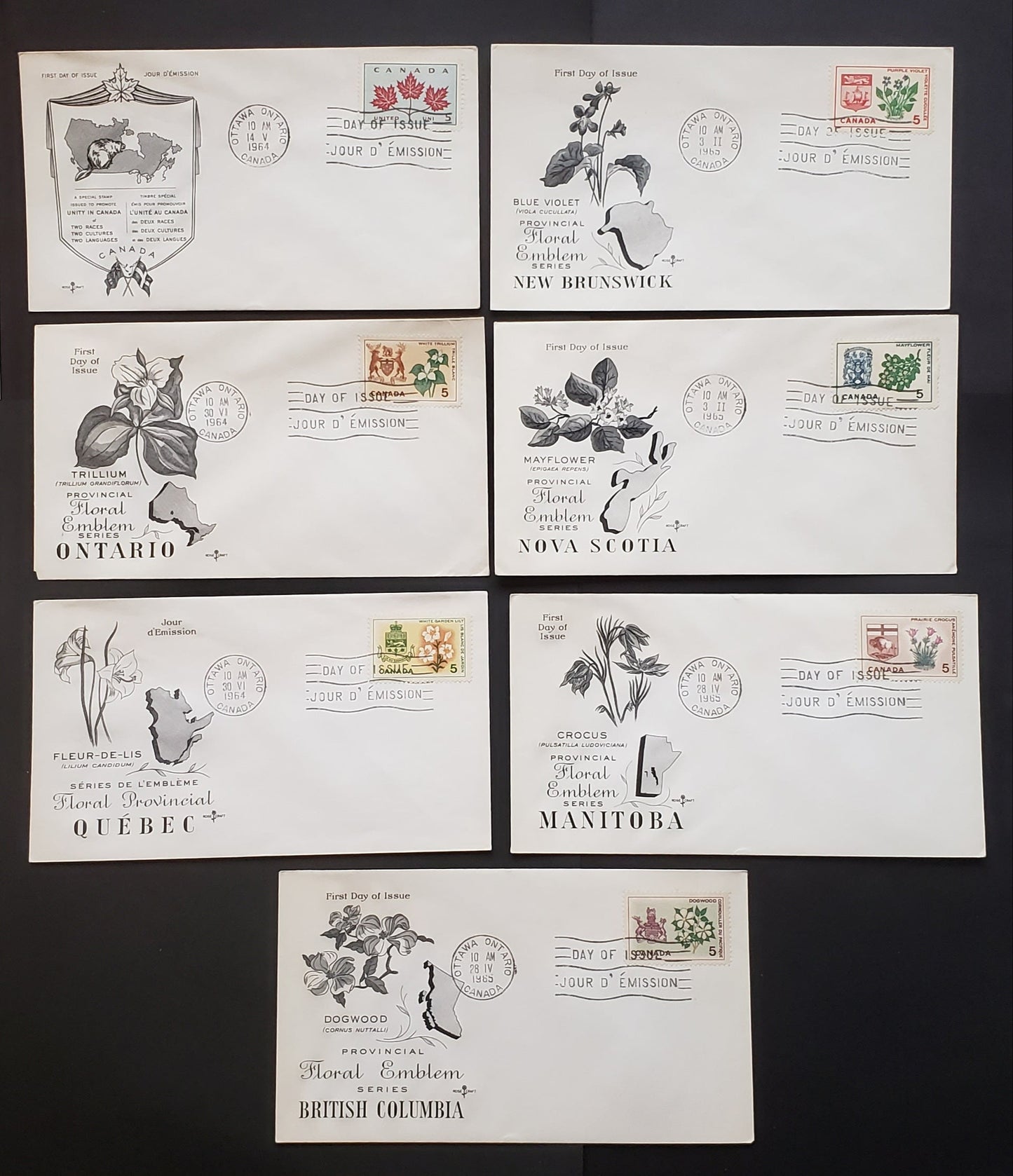Canada #417-423 5c Multicoloured Unity - Dogwood, 1964-1966 Emblems Issue, 7 VF First Day Covers With Rosecraft Cachets, Unaddressed, Stamps On DF Paper