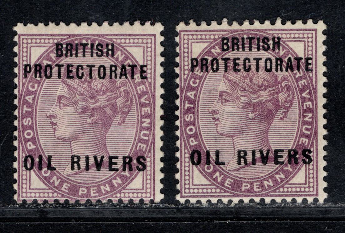 Niger Coast Protectorate SG#2 1d Lilac Queen Victoria, 1892-1894 Overprinted 1887 Jubilee Issue, 2 FOG Singles With Columns 4&10 and 6&12, R Slanting & H Raised, B Leveled & H Raised,