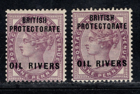 Niger Coast Protectorate SG#2 1d Lilac Queen Victoria, 1892-1894 Overprinted 1887 Jubilee Issue, 2 FOG Singles With Columns 4&10 and 6&12, R Slanting & H Raised, B Leveled & H Raised,