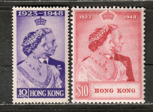 Lot 90 Hong Kong SG#171-172 10c Violet & $10 Carmine, 1948 Silver Wedding Issue, 2 VFOG Singles