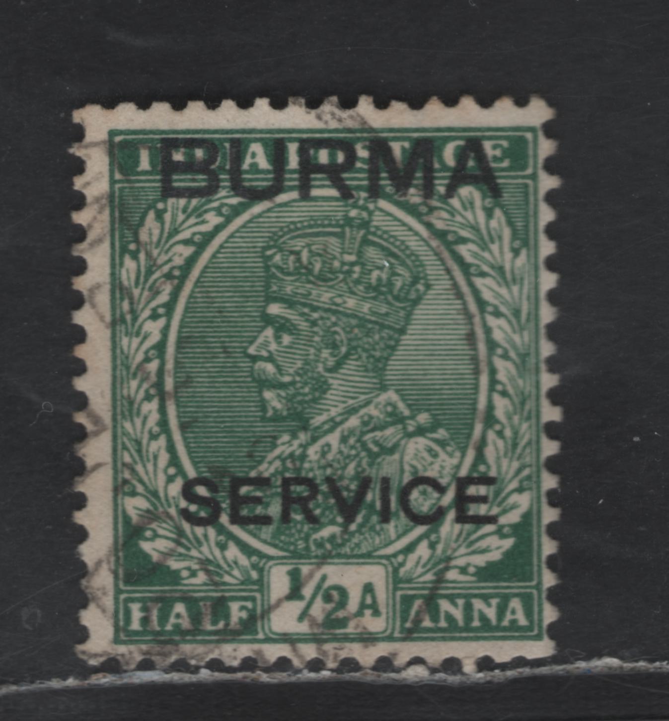 Burma SG#O2w 1/2a Green King George V, 1937-1938 Burma Service Overprints On King George V Keyplate Issue Of India, A Fine Used Single With Inverted Multiple Star Watermark