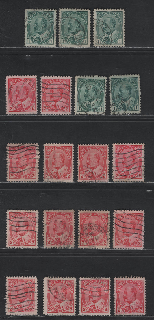 Canada #89iii, ii, 90, 90i 1c, 2c Deep Green, Grey Green, Carmine Rose King Edward VII, 1903-1911 King Edward VII Issue, 19 VF Used Singles Various Shades