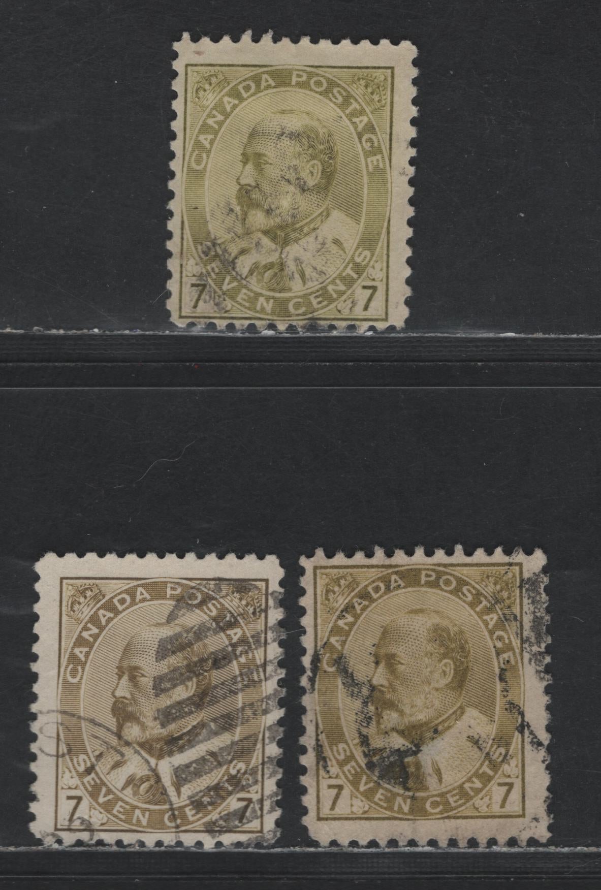Canada #92-i 7c Olive Bistre, Greenish Bistre & Pale Sage Green King Edward VII, 1903-1911 King Edward VII Issue, 3 Fine Used Singles