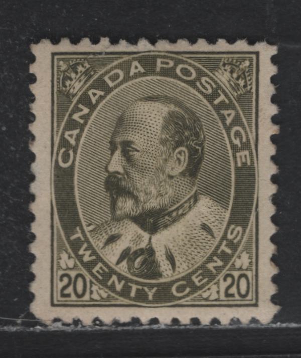 Lot 94 Canada #94i 20c Deep Olive Green King Edward VII, 1903-1911 King Edward VII Issue, A VG Regummed Single Professionally Regummed Over Two Shallow Hinge Thins
