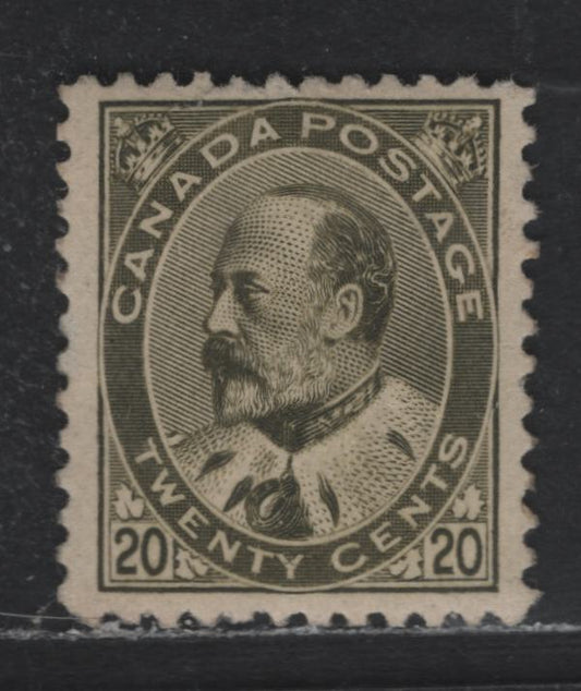 Lot 94 Canada #94i 20c Deep Olive Green King Edward VII, 1903-1911 King Edward VII Issue, A VG Regummed Single Professionally Regummed Over Two Shallow Hinge Thins
