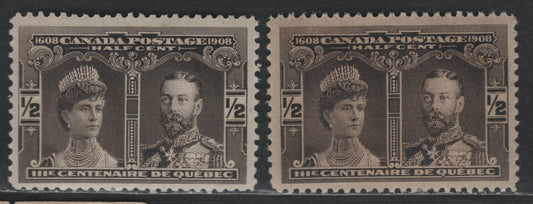 Canada #96 1/2c Black Brown & Brown Black Prince & Princess Of Wales, 1908 Quebec Tercentenary Issue, 2 VFOG Singles