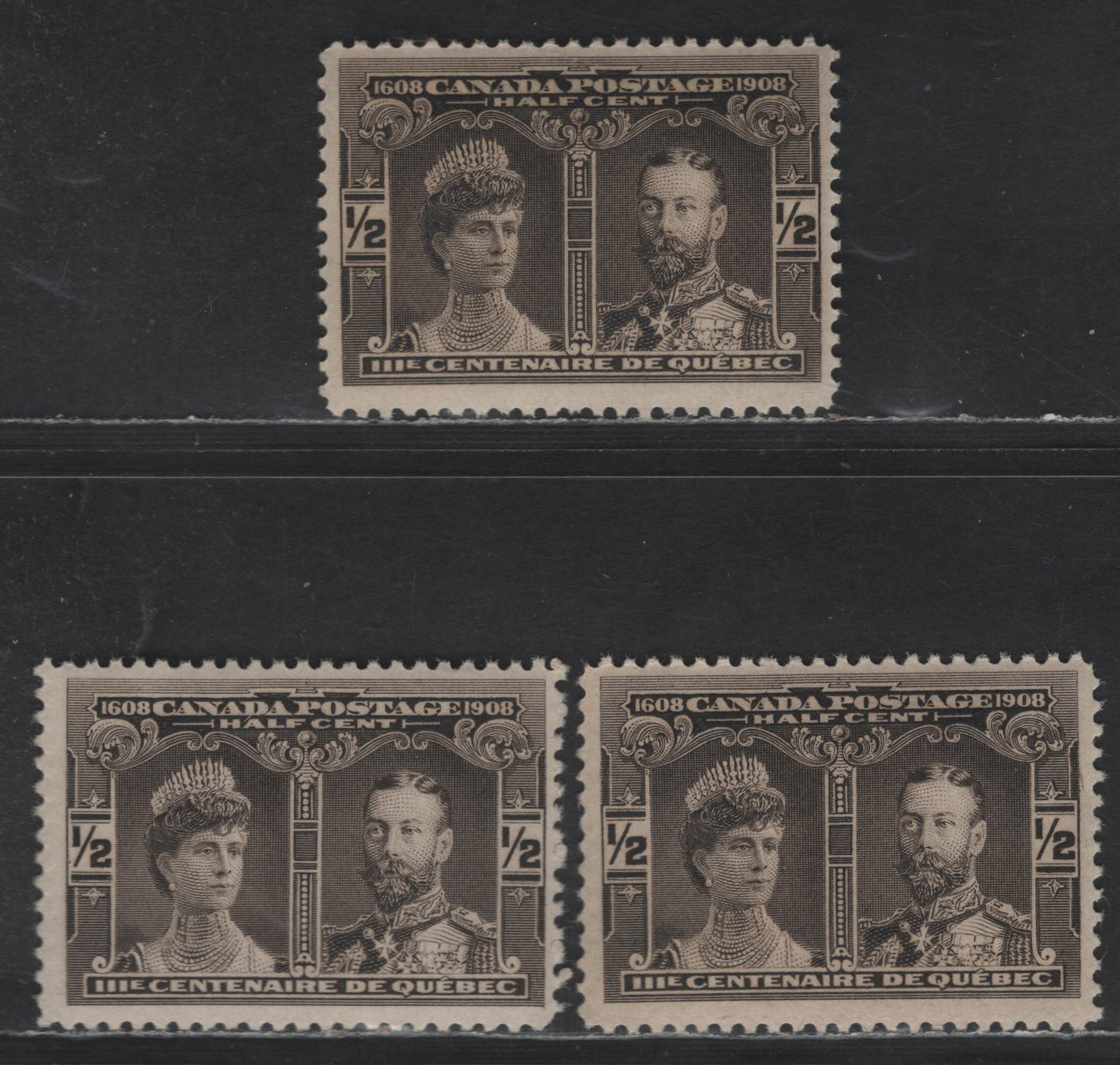 Canada #96 1/2c Black Brown, Brown Black & Deep Brown Black Prince & Princess Of Wales, 1908 Quebec Tercentenary Issue, 3 Fine NH Singles