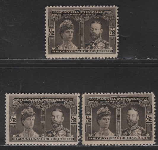 Canada #96 1/2c Black Brown, Brown Black & Deep Brown Black Prince & Princess Of Wales, 1908 Quebec Tercentenary Issue, 3 Fine NH Singles