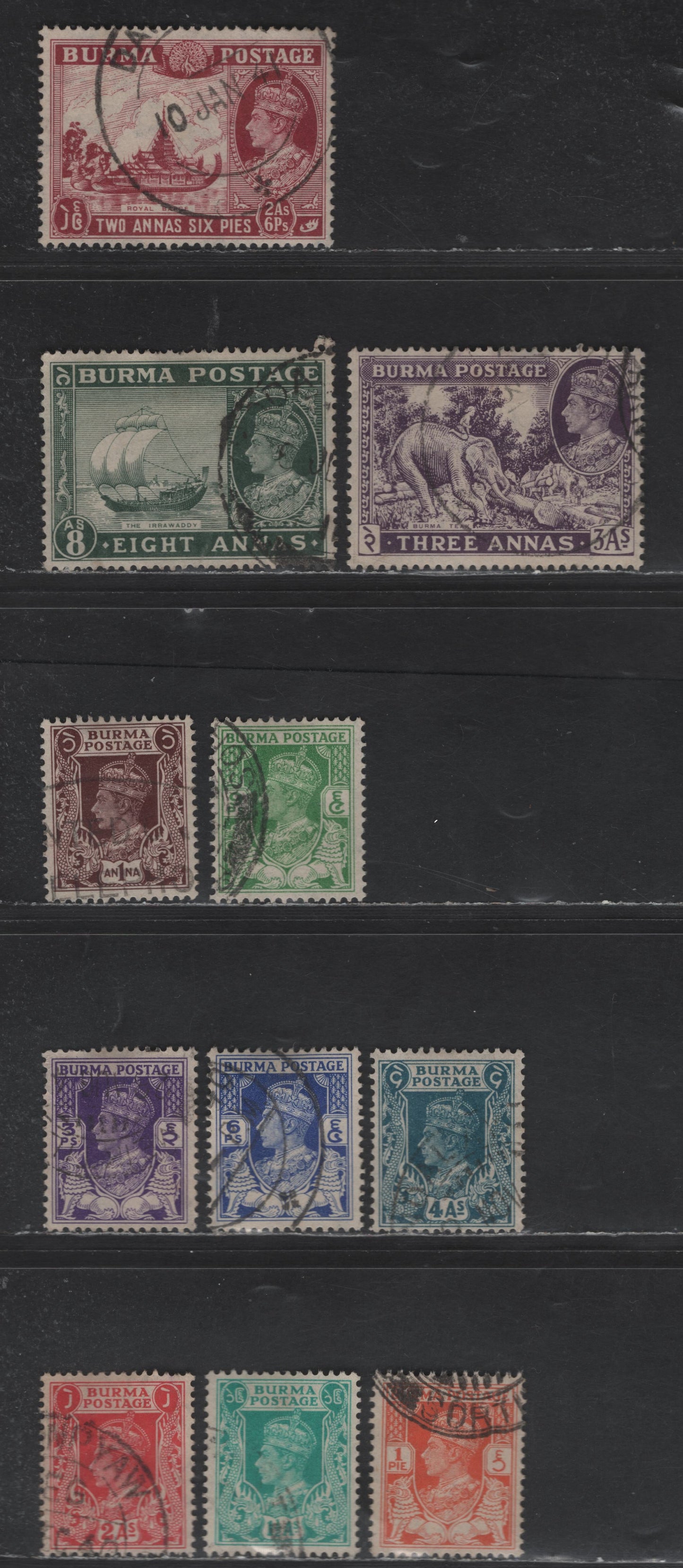 Lot 161 Burma SG#18b-26, 29 1p Red Orange - 8a Myrtle Green King George VI - The Irrawaddy, 1938-1940 King George VI Definitive Issue, 11 Very Fine Used Singles