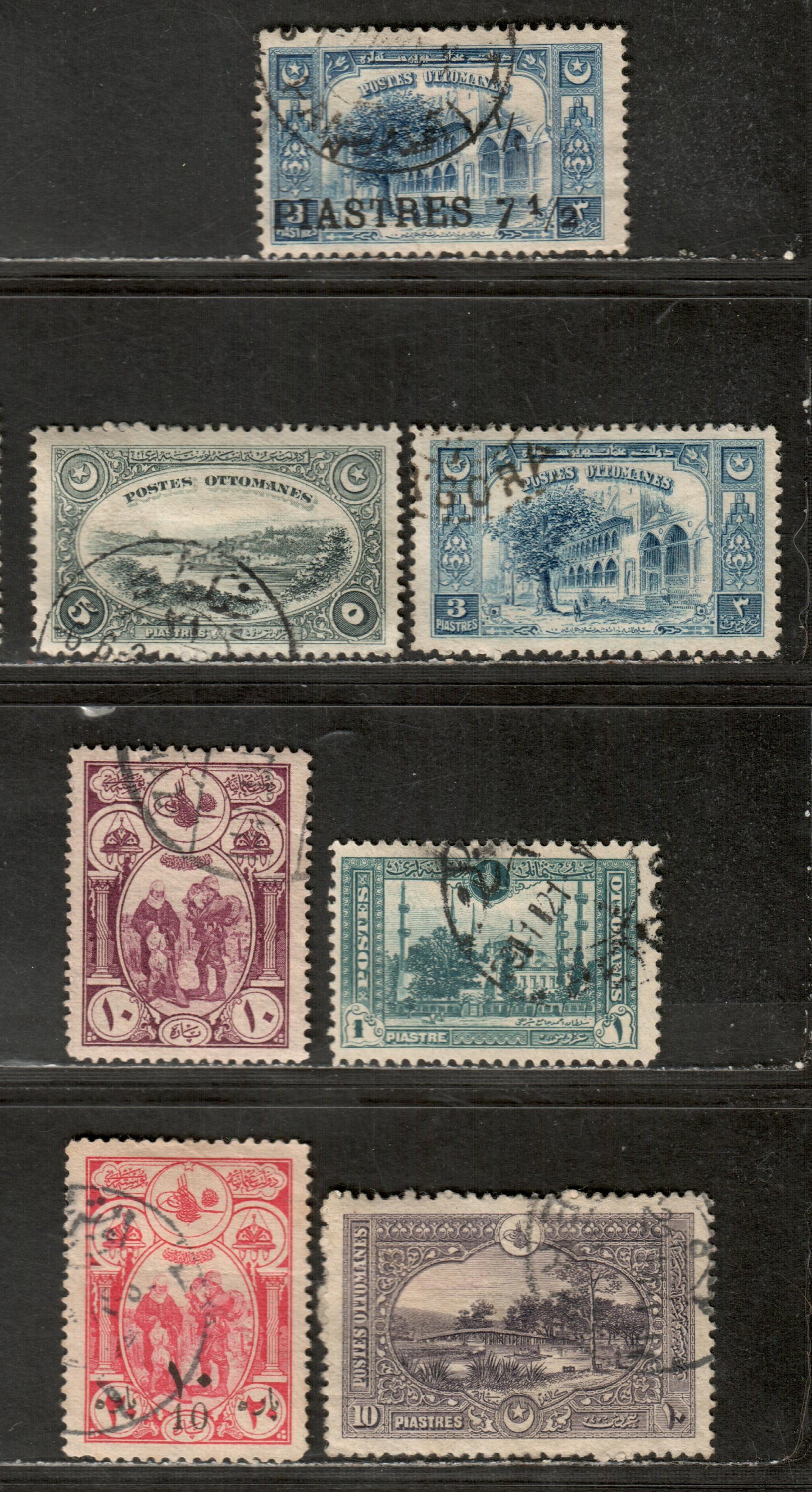 Turkey #B46-B47, 593, 595, 594, 596, 603 10pa Red Violet - 7 1/2pi On 3p Blue A Soldier's Farewell - Fountains Of Suleiman, 1920 Pictorial Revised Designs Semi Postal Issue, 7 F & VF Used SIngles