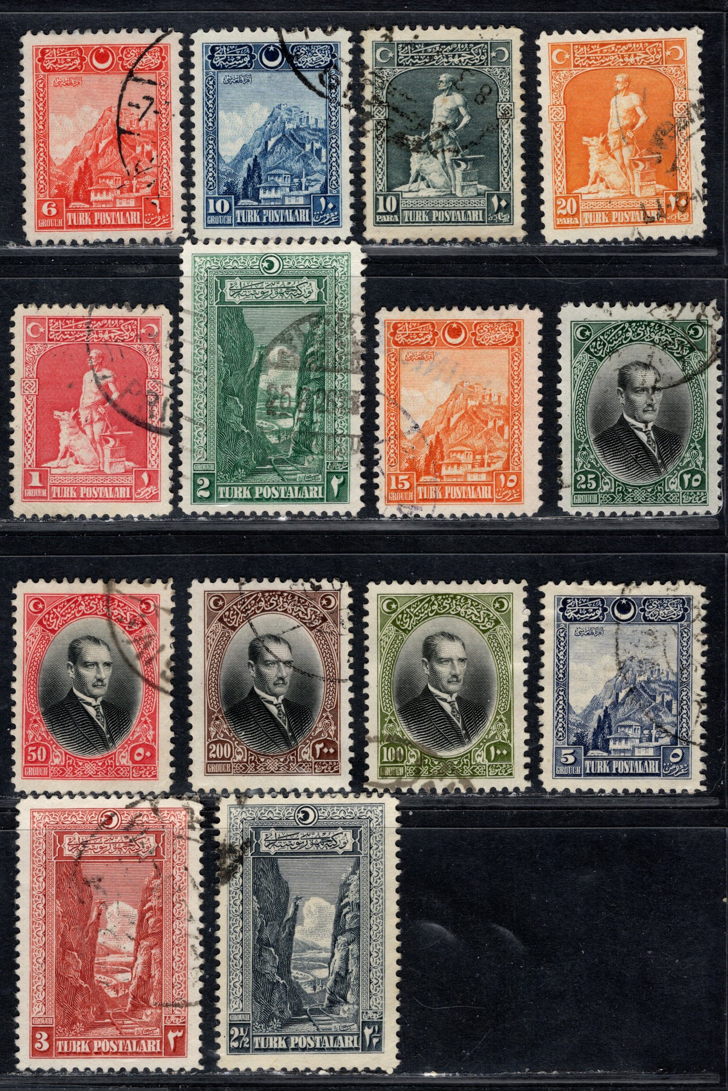Lot 162 Turkey SC#634-647 10pa - 200g Slate - Brown & Black The Legendary Blacksmith - Mustafa Kemal Fasha, 1926 Pictorial Definitive Issue, 14 Very Fine Used Singles