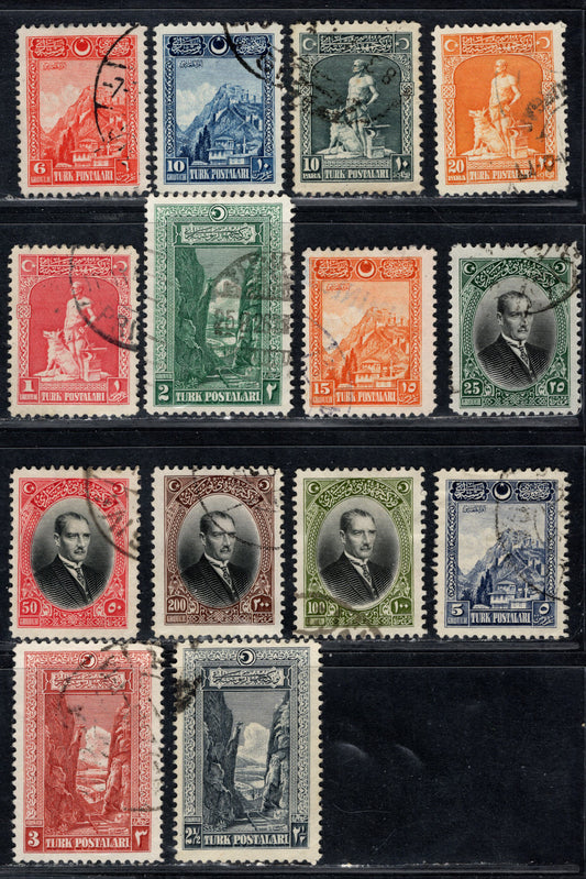 Lot 162 Turkey SC#634-647 10pa - 200g Slate - Brown & Black The Legendary Blacksmith - Mustafa Kemal Fasha, 1926 Pictorial Definitive Issue, 14 Very Fine Used Singles