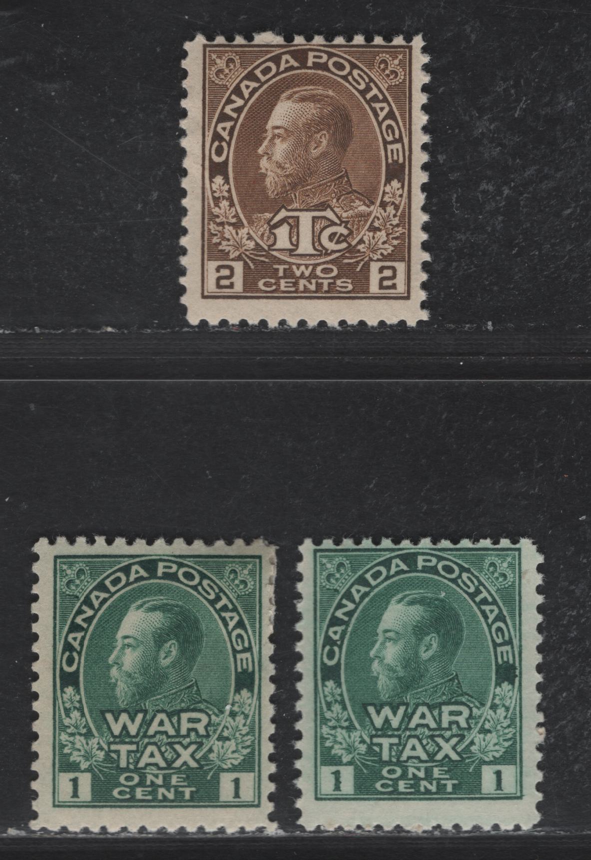 Canada #MR1, MR4i 1c & 2c+1c Deep Green, Bluish Green & Yellow Brown King George V, 1915-1916 War Tax Issues, 3 FOG Singles Retouched Framelines,