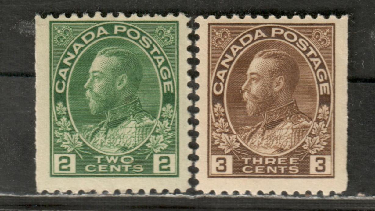Lot 14 Canada #107e, 108 2c Green, 3c Brown King George V, 1918-1923 A ...