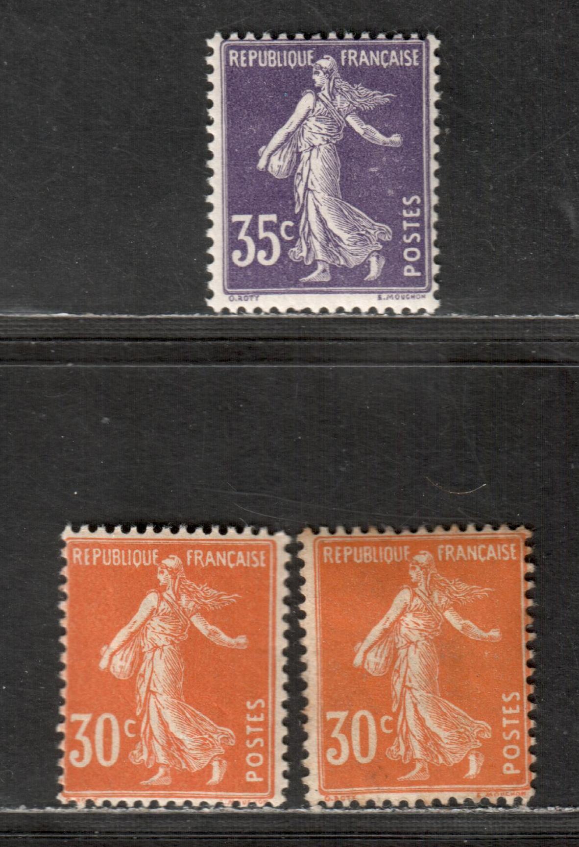 Lot 163 France Maury# 141 x2shades, 142 Scott# 170 x2, 175 30c Dark Brown On Yellowish, 40c Vermilion On Yellowish, 1f Deep Bronze Green Orange, Yellow Orange & Violet , 1906-1937 Solid Background Sower Issue, 3 FOG Singles Type II W/ Thicker Numeals