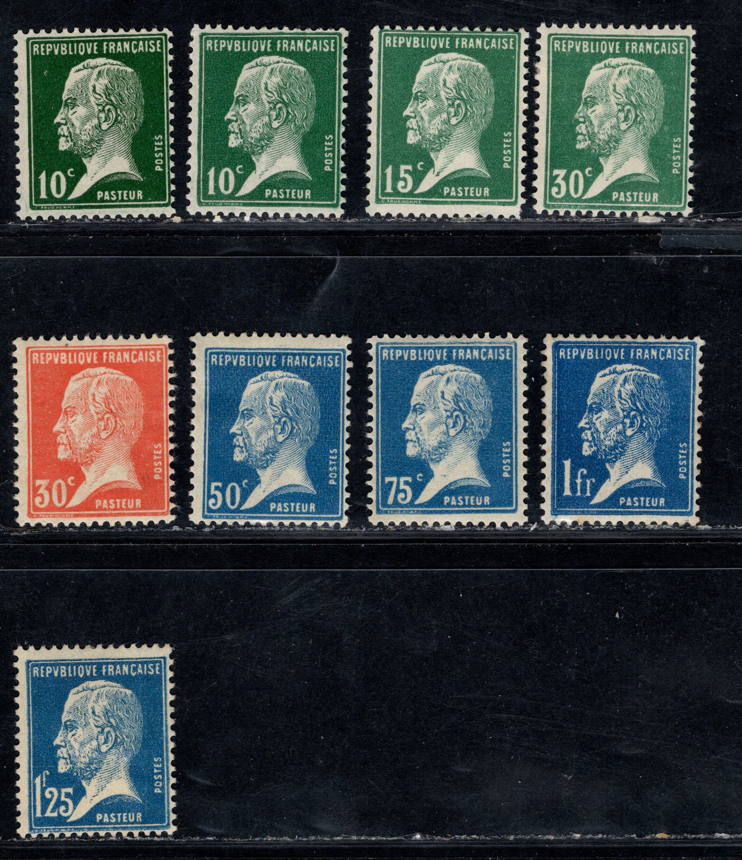 Lot 163 France Maury#170,d, 171, 173-174, 176-177, 179-180 (Scott #185-186, 188-189, 191-192, 194-195) 10c/1.25 Green/Blue Louis Pasteur, 1923-1926 Pasteur Issue, 9 FOG Singles Dark Green Shade of 10c