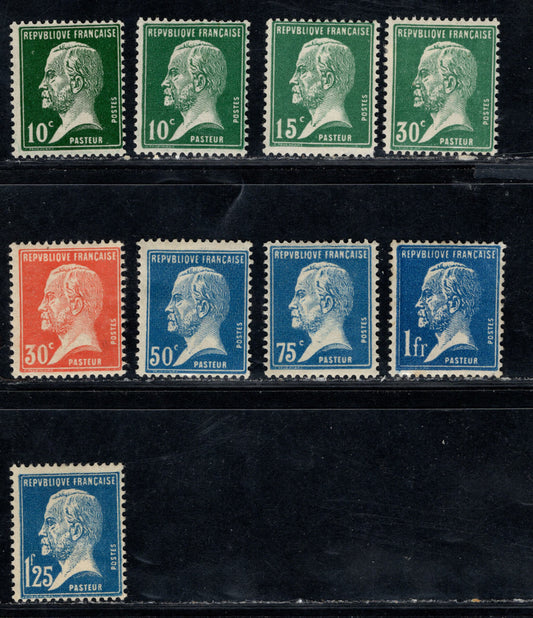 Lot 163 France Maury#170,d, 171, 173-174, 176-177, 179-180 (Scott #185-186, 188-189, 191-192, 194-195) 10c/1.25 Green/Blue Louis Pasteur, 1923-1926 Pasteur Issue, 9 FOG Singles Dark Green Shade of 10c