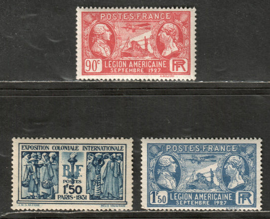 Lot 100 France Scott#243-244, 262 90c Dull Red - 1.50fr Deep Blue Lafayette, Washington, Spirit Of St. Louis - French Colonials, 1927 Legionaires Visit To France - 1931 Colonial Exposition Issues, 3 VFOG Singles