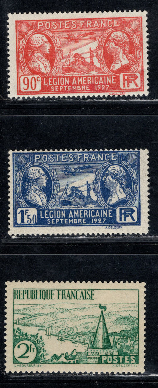 Lot 164 France SC#243-244, 299 90c-2fr Dull Red - Blue Green Lafayette, Washington - Breton River Scene, 1927-1935 Legionnaires Visit - Breton River Issue, 3 F/VFOG Singles