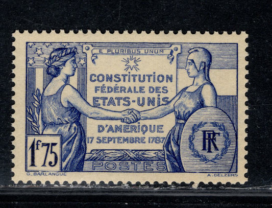 Lot 164 France Maury#357f (Scott #332) 1.75fr Ultramarine France Congradulating The US, 1937 150th Anniv of the US Constitution Issue, A VFNH Single