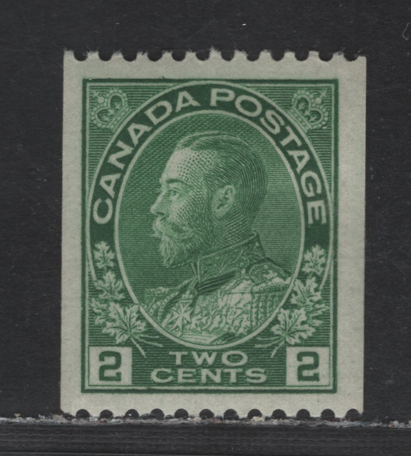 Lot 97 Canada #133 2c Yellow Green King George V, 1915-1924 Admiral Coil Issue, A VFOG Coil Single Wet Printing, Perf 12 Horizontal Retouched Frameline, Both Plate Characteristics