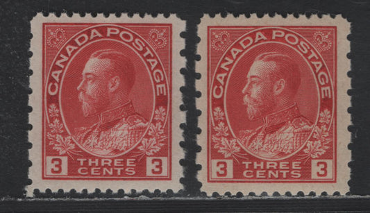 Lot 98 Canada #184 3c Carmine & Carmine Red King George V, 1931 Admiral Provisional Issue, 2 VFNH Singles Die 2, Dry Printing, Redrawn Framelines Perf 12x8