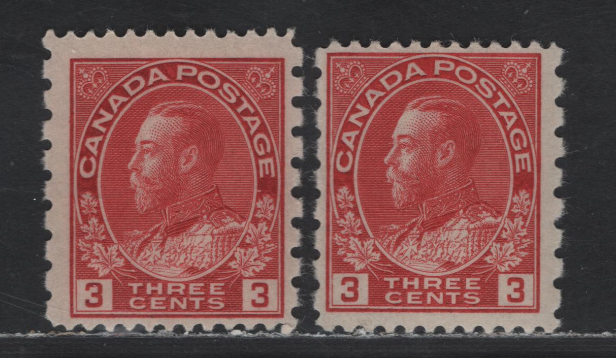 Lot 36 Canada #184 3c Carmine & Carmine Red King George V, 1931 Admiral Provisional Issue, 2 FNH Singles Die 2, Dry Printing, Redrawn Framelines Perf 12x8