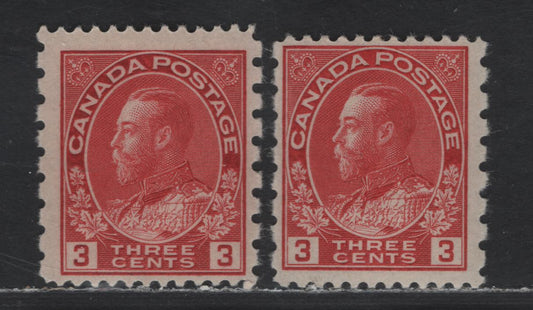 Lot 36 Canada #184 3c Carmine & Carmine Red King George V, 1931 Admiral Provisional Issue, 2 FNH Singles Die 2, Dry Printing, Redrawn Framelines Perf 12x8