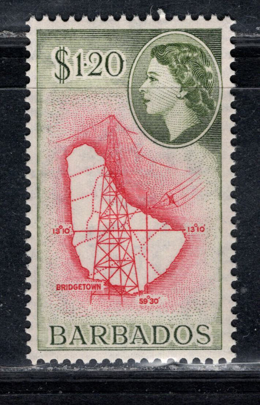 Lot 165 Barbados SG#300 1.2 Carmine & Olive Green Map & Power Line, 1951-1961 QE II Pictorial Definitive Issue, A VFNH Single