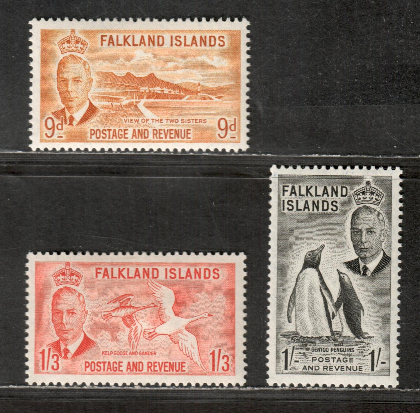 Falkland Islands Gibbons # 179-181 9d Orange Yellow - 1/ 3d Orange, 1952 King George VI Pictorial Definitive Issue, 3 VFOG Singles Later 1952 Printings On Paper With Distinct Cross Mesh