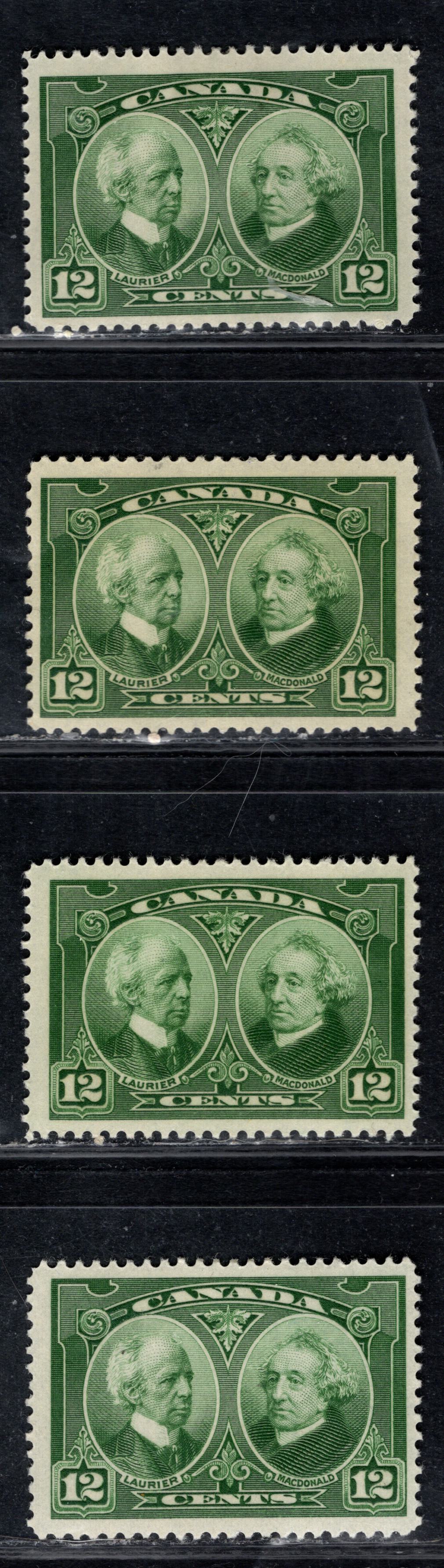 Canada #147 12c Green Laurier & Macdonald, 1927 Historical Issue, 4 FOG Singles Different Shades With Streaky Gum