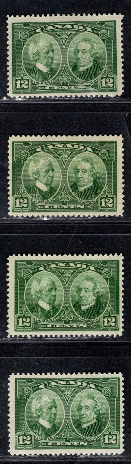 Canada #147 12c Green Laurier & Macdonald, 1927 Historical Issue, 4 FOG Singles Different Shades With Streaky Gum
