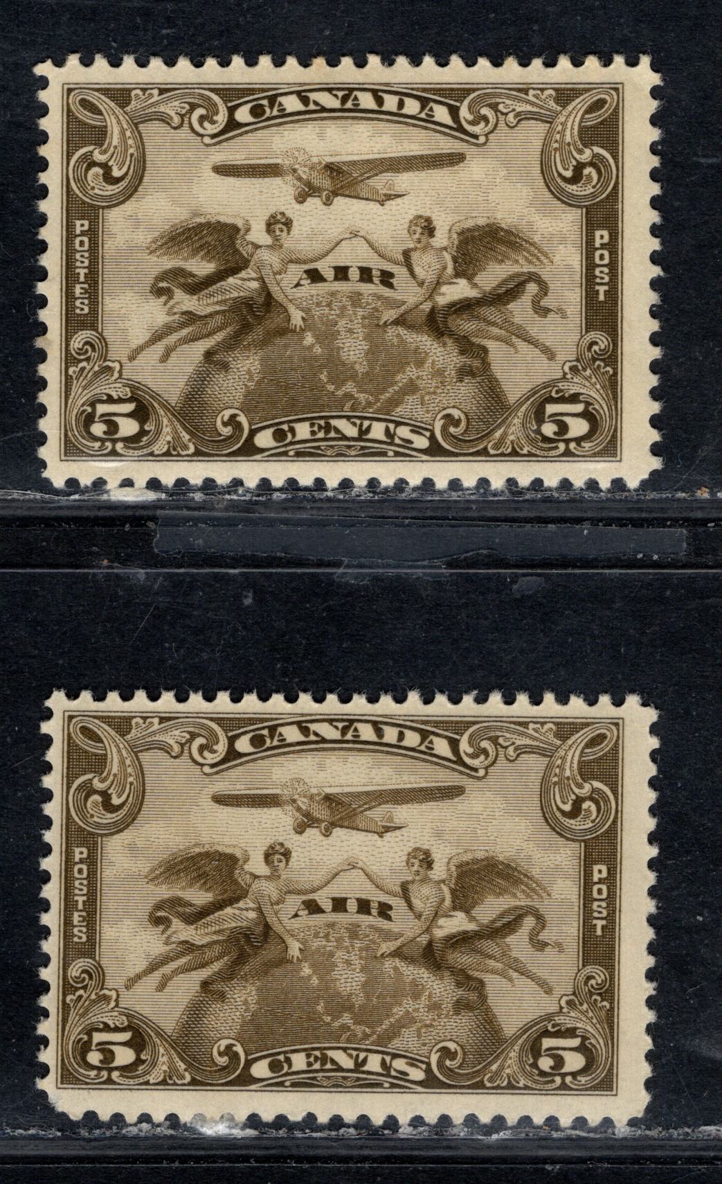 Canada #C1 5c Olive Brown & Pale Olive Brown Two Winged Figured & Globe, 1928 Air Mail Issue, 2 FNH Singles With Smooth & Streaky Gums