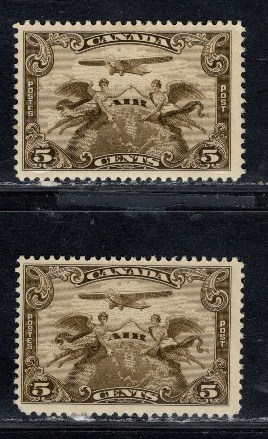 Canada #C1 5c Olive Brown & Pale Olive Brown Two Winged Figured & Globe, 1928 Air Mail Issue, 2 FNH Singles With Smooth & Streaky Gums