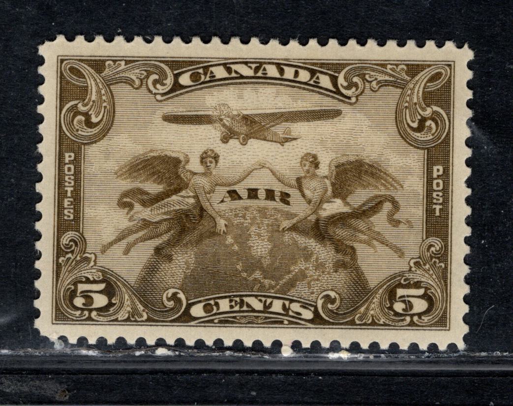 Canada #C1 5c Pale Olive Brown Two Winged Figured & Globe, 1928 Air Mail Issue, A VFOG Single With Smooth Gum