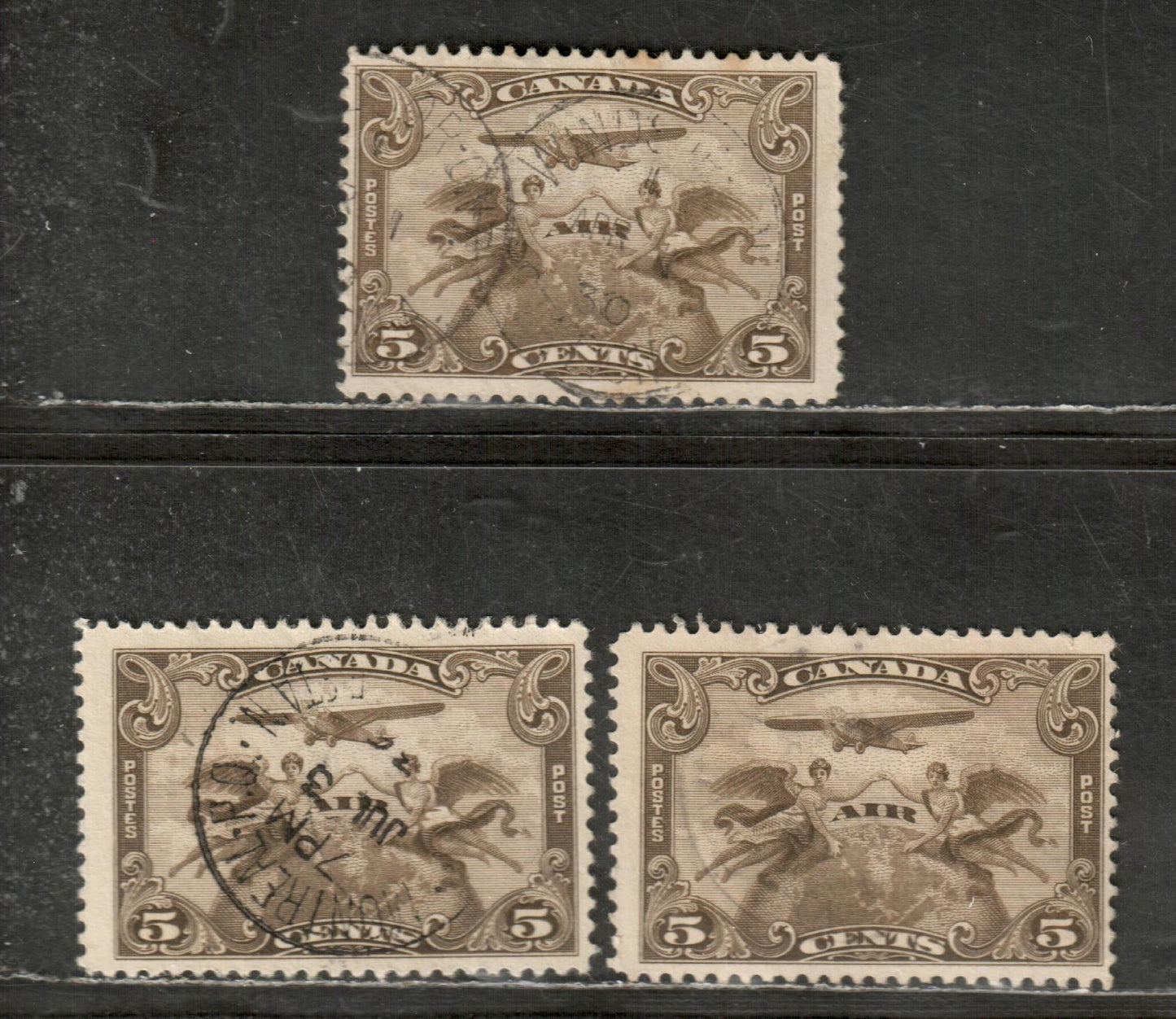 Canada #C1 5c Deep Olive Brown, Olive Brown, Pale Olive Brown Winged Figures Against Globe, 1928 Air Mail Issue, 3 Fine Used Singles