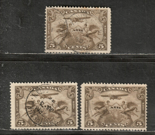 Canada #C1 5c Deep Olive Brown, Olive Brown, Pale Olive Brown Winged Figures Against Globe, 1928 Air Mail Issue, 3 Fine Used Singles
