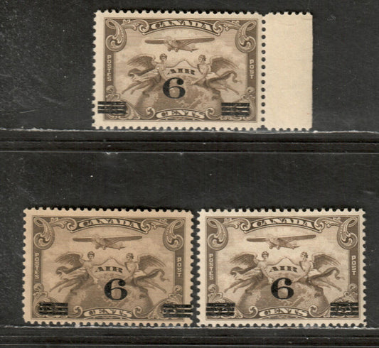 Canada #C3 5c Deep Olive Brown Winged Figures Against Globe, 1932 Air Mail Issue, 3 VFOG Singles With Streaky Gum, Surcharge Shifted Left And Right, With Normal For Comparison