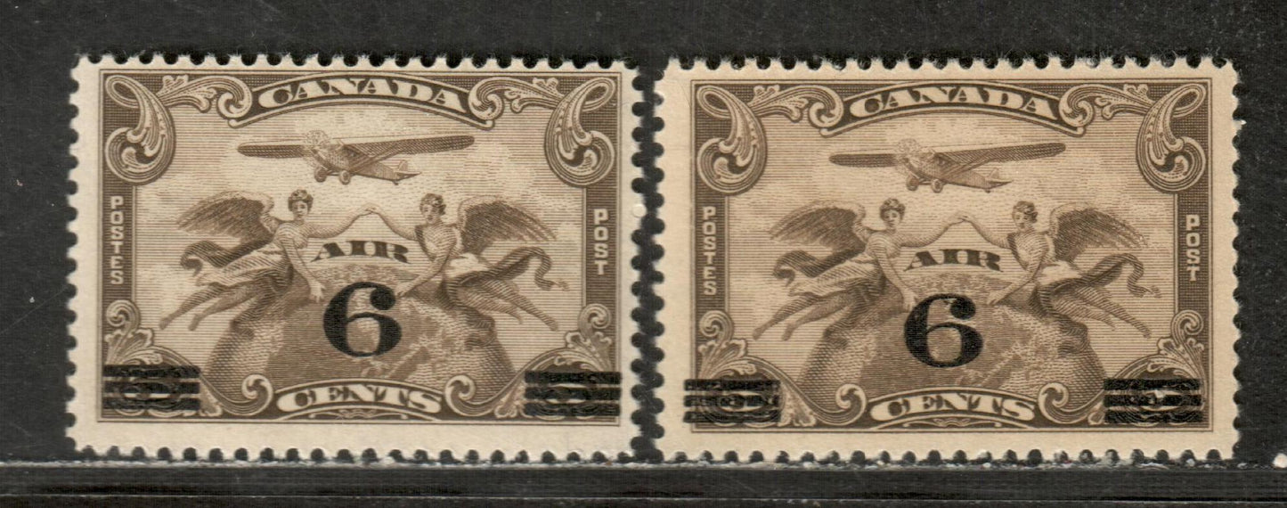 Canada #C3 5c Deep Olive Brown & Olive Brown Winged Figures Against Globe, 1932 Air Mail Issue, 2 FNH Singles With Streaky Gum