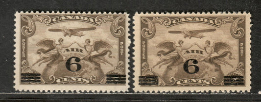 Canada #C3 5c Deep Olive Brown & Olive Brown Winged Figures Against Globe, 1932 Air Mail Issue, 2 FNH Singles With Streaky Gum