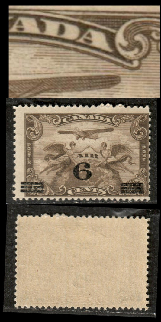 Canada #C3var 5c Deep Olive Brown Winged Figures Against Globe, 1932 Air Mail Issue, A FOG Single With Streaky Gum, Dot Below Scroll. Unlisted In Unitrade